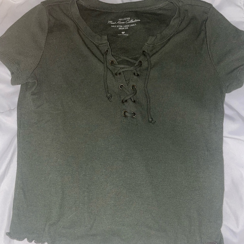 Hollister Olive Lace-Up Short Sleeve Top
